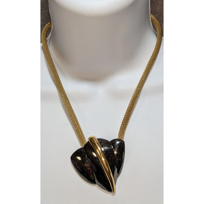 Vintage Trifari Gold Mesh Necklace With Black & Gold Abstract Heart Pendant