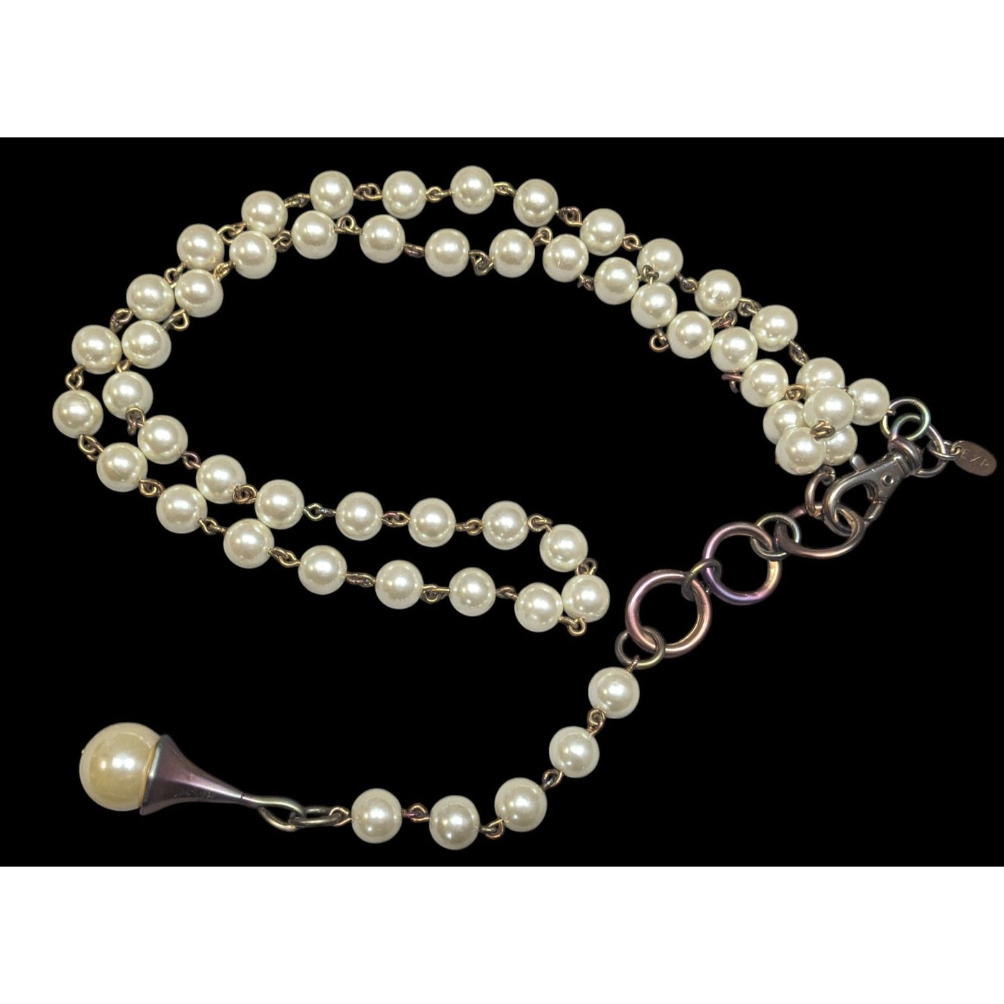 Vintage Korean EXP Faux Pearl Anodized Gold Tone Y Drop Necklace
