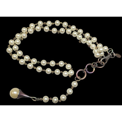 Vintage Korean EXP Faux Pearl Anodized Gold Tone Y Drop Necklace