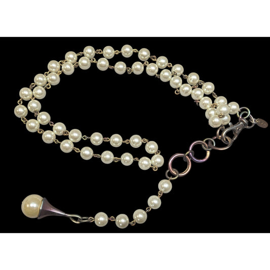 Vintage Korean EXP Faux Pearl Anodized Gold Tone Y Drop Necklace
