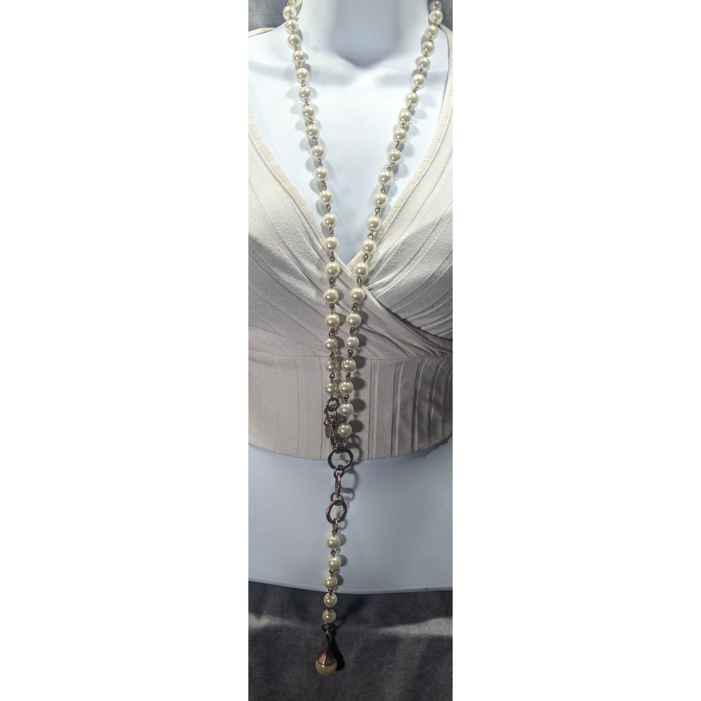 Vintage Korean EXP Faux Pearl Anodized Gold Tone Y Drop Necklace