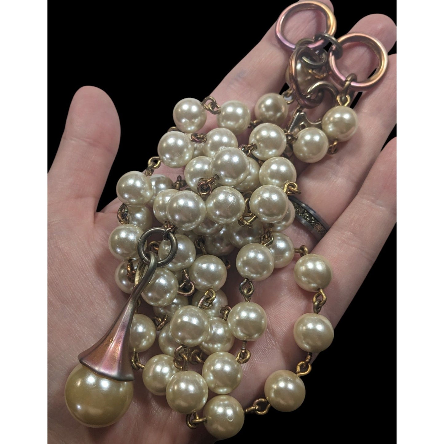 Vintage Korean EXP Faux Pearl Anodized Gold Tone Y Drop Necklace
