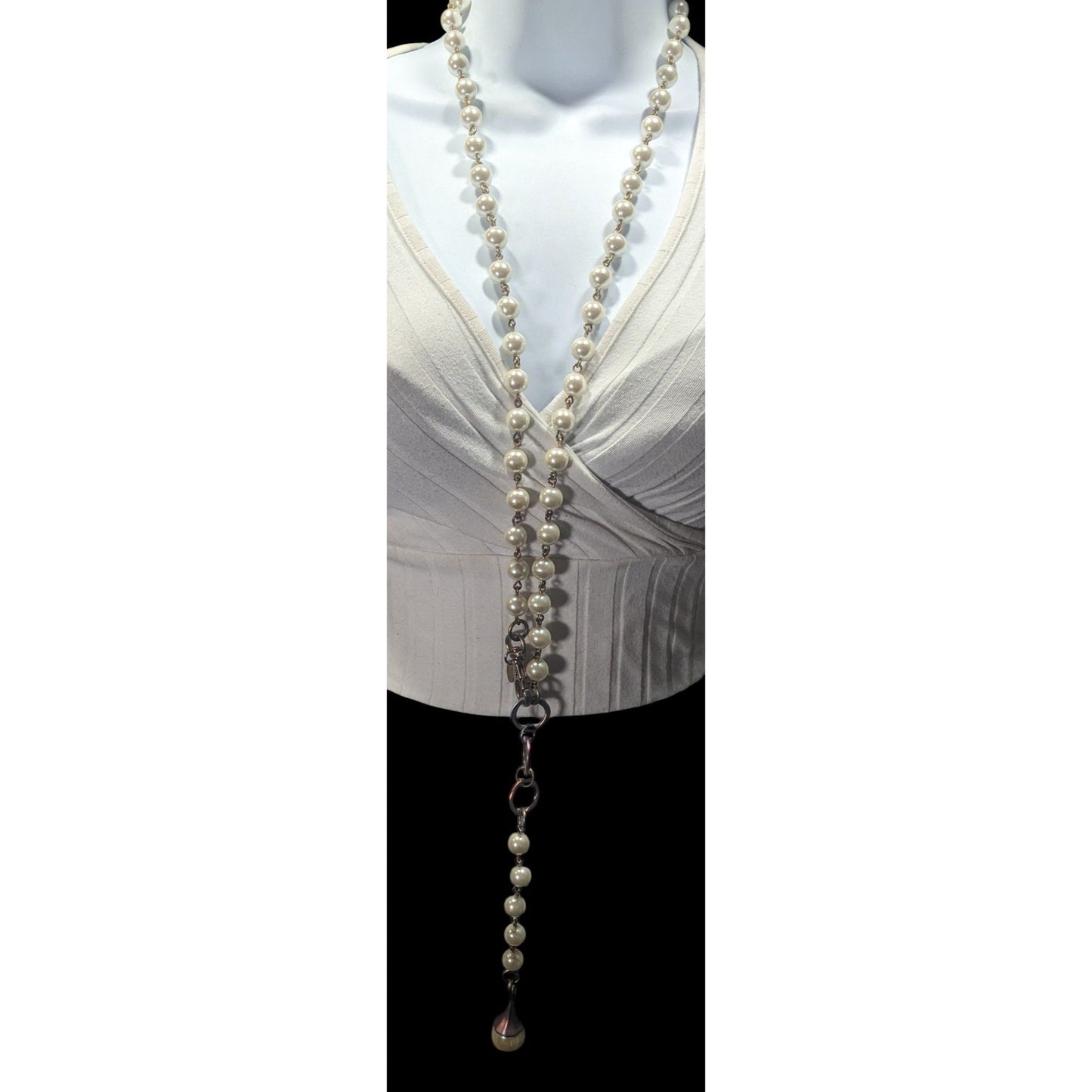 Vintage Korean EXP Faux Pearl Anodized Gold Tone Y Drop Necklace