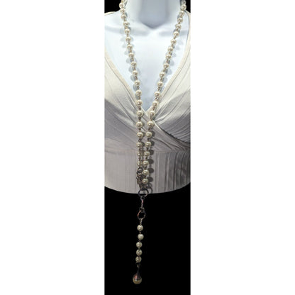 Vintage Korean EXP Faux Pearl Anodized Gold Tone Y Drop Necklace