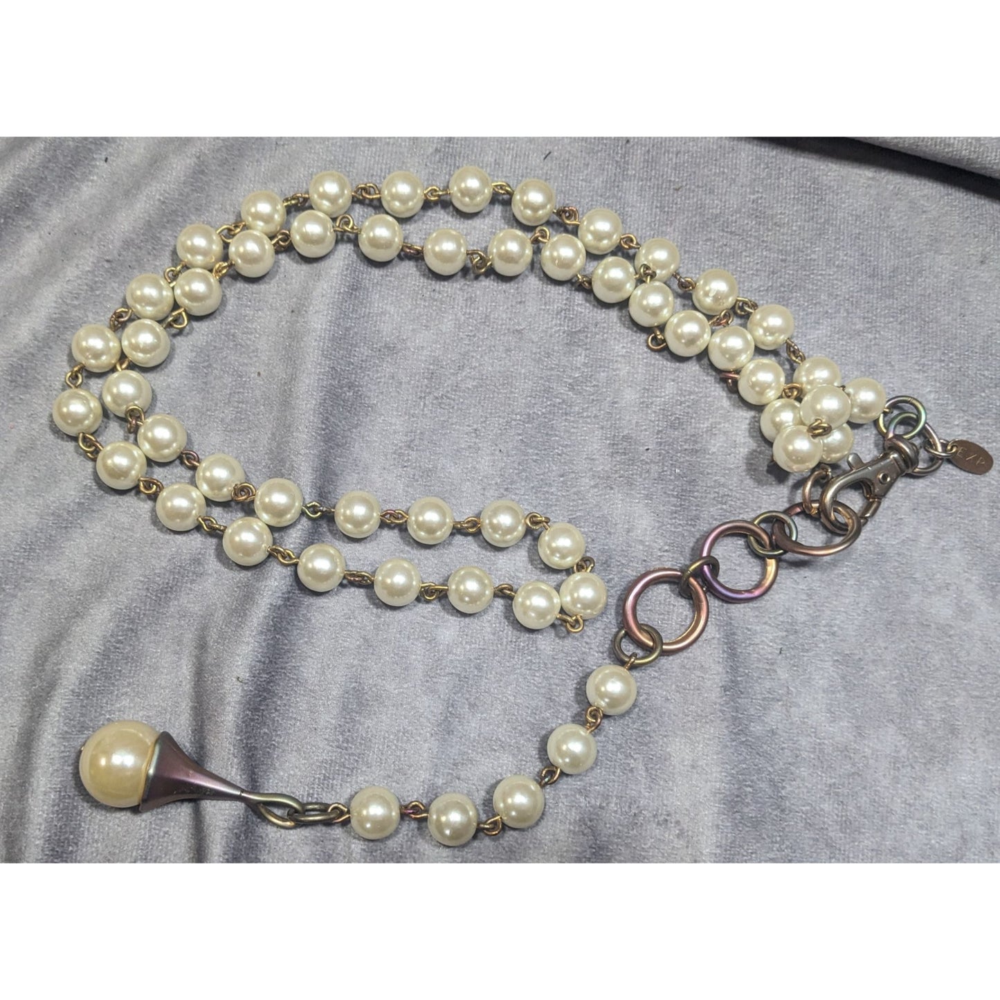 Vintage Korean EXP Faux Pearl Anodized Gold Tone Y Drop Necklace