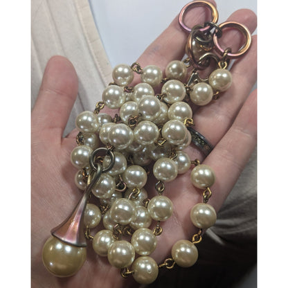 Vintage Korean EXP Faux Pearl Anodized Gold Tone Y Drop Necklace