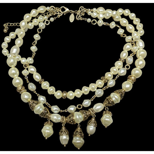 Chicos Chunky Glam Victorian Style Faux Pearl Layered Necklace With Gold Tone Accents