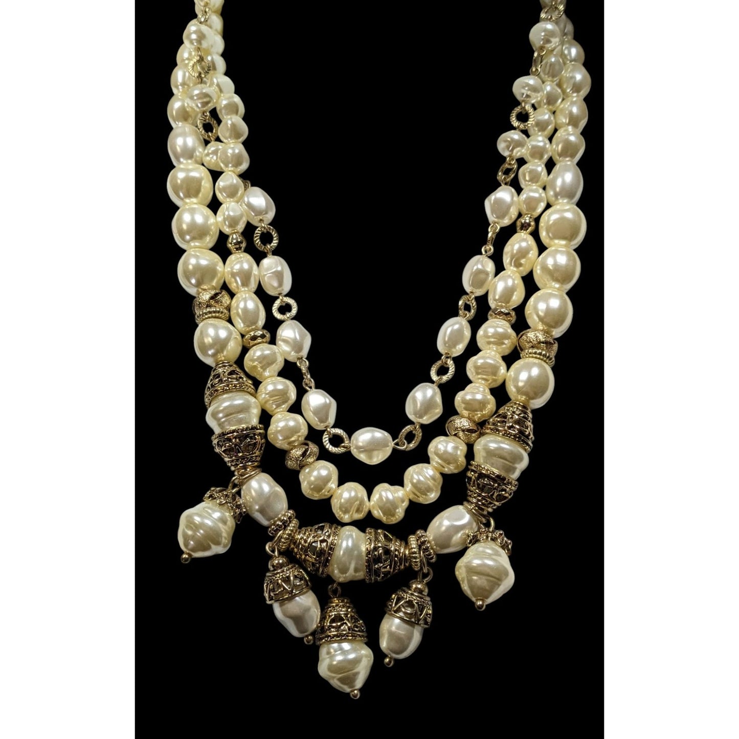 Chicos Chunky Glam Victorian Style Faux Pearl Layered Necklace With Gold Tone Accents