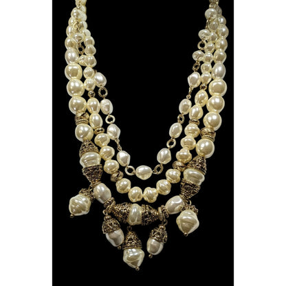 Chicos Chunky Glam Victorian Style Faux Pearl Layered Necklace With Gold Tone Accents