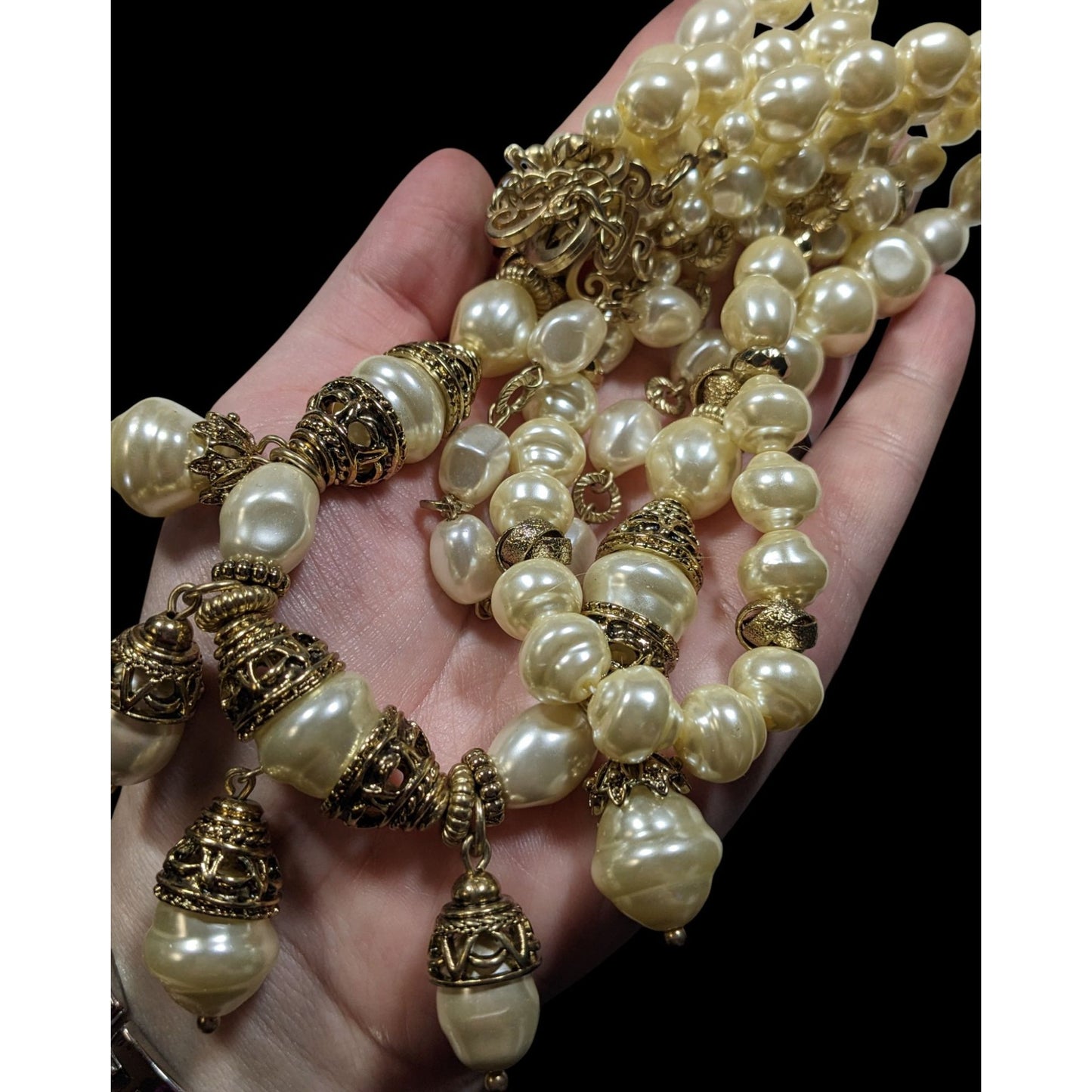 Chicos Chunky Glam Victorian Style Faux Pearl Layered Necklace With Gold Tone Accents