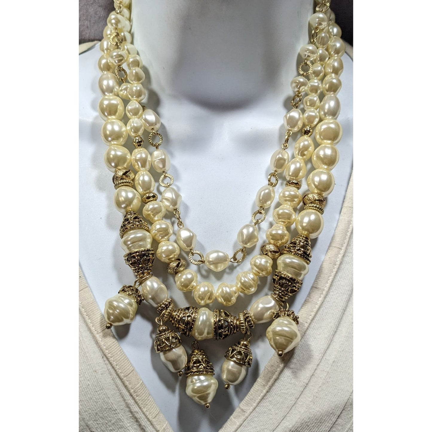 Chicos Chunky Glam Victorian Style Faux Pearl Layered Necklace With Gold Tone Accents