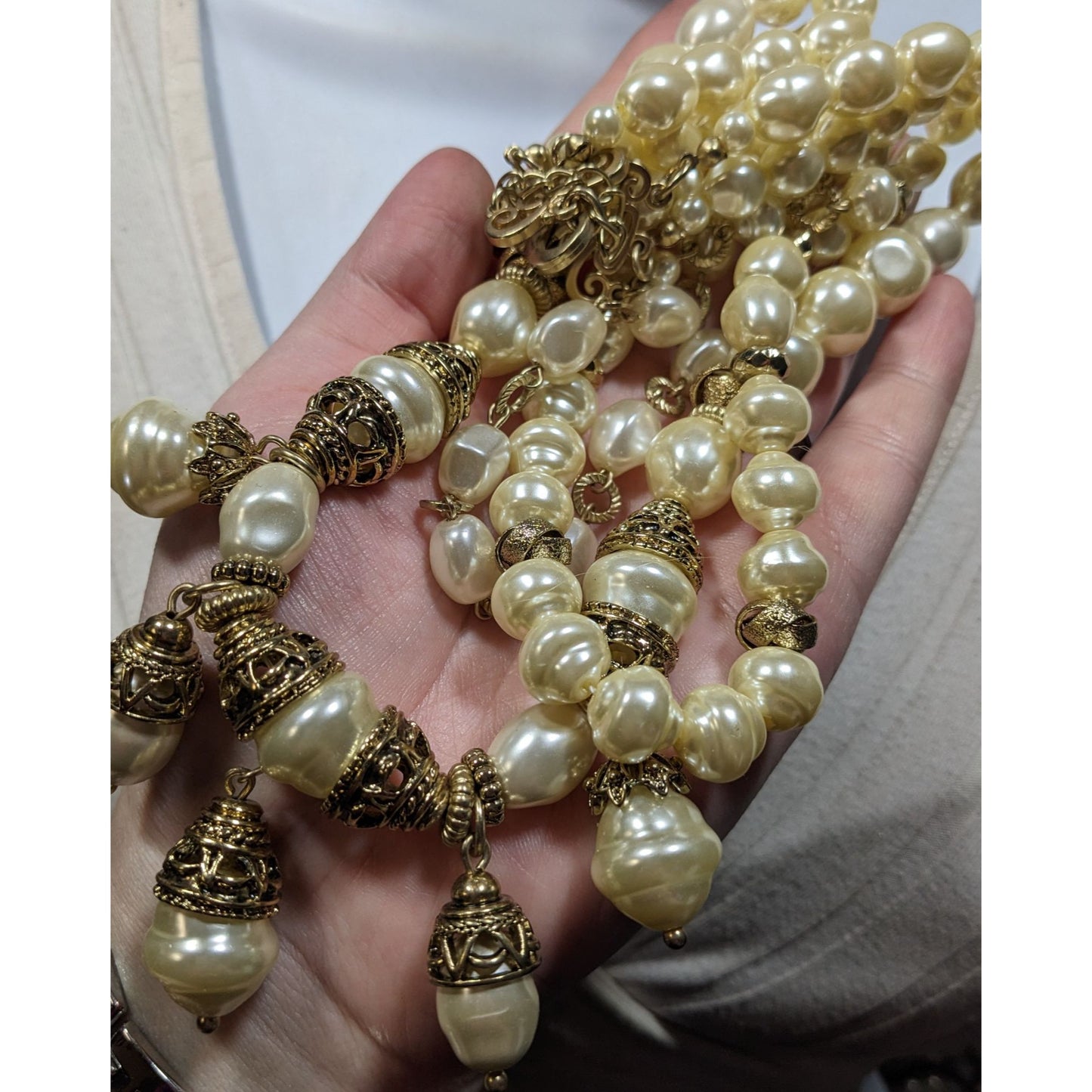 Chicos Chunky Glam Victorian Style Faux Pearl Layered Necklace With Gold Tone Accents