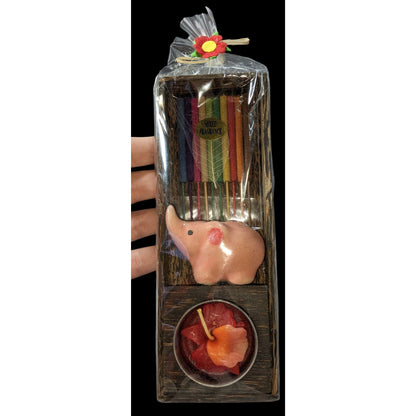 Boho Pink Elephant Incense Holder Candle Gift Set Wooden Box NWT