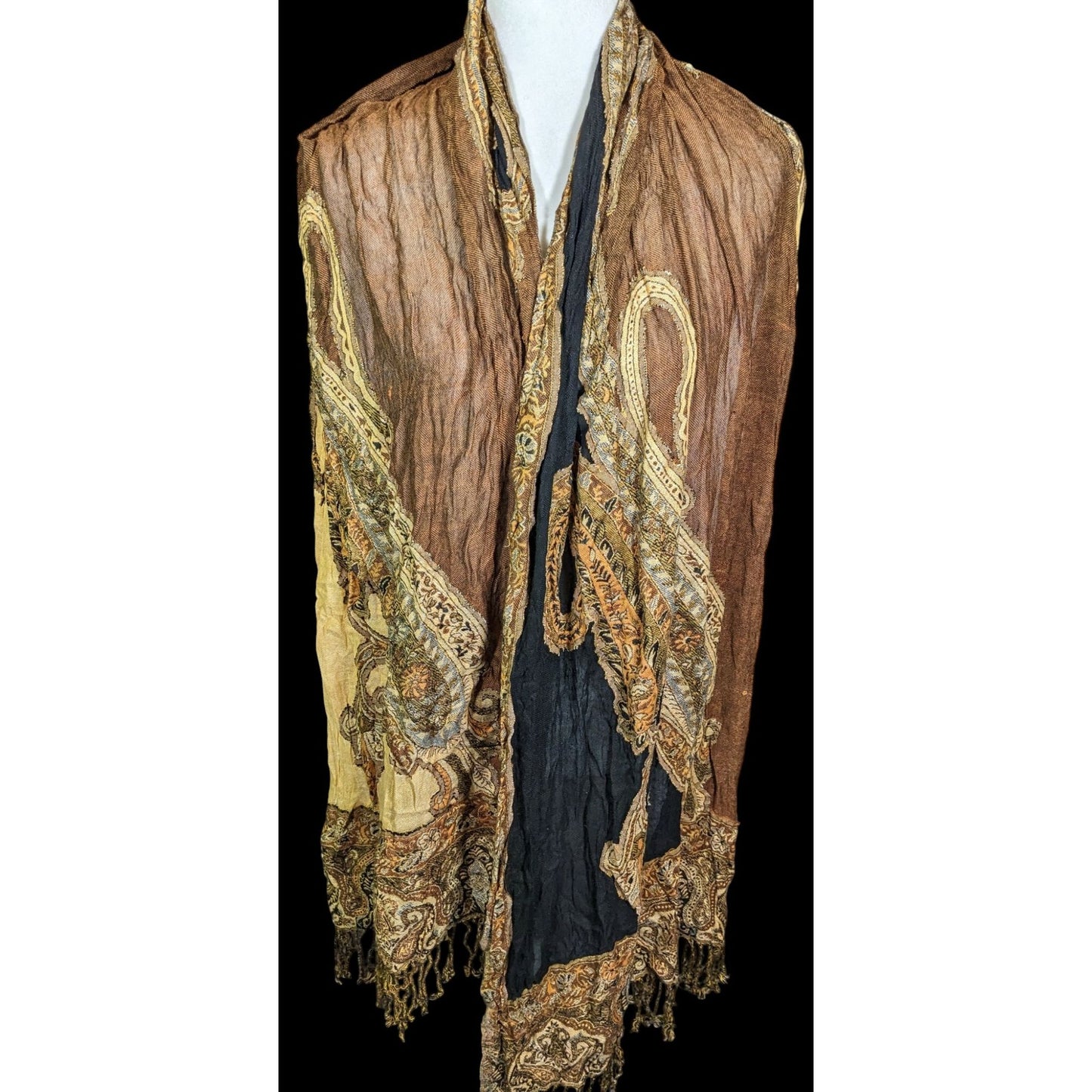 100% Tibet Hand Loomed Shawl Brown And Black Paisley