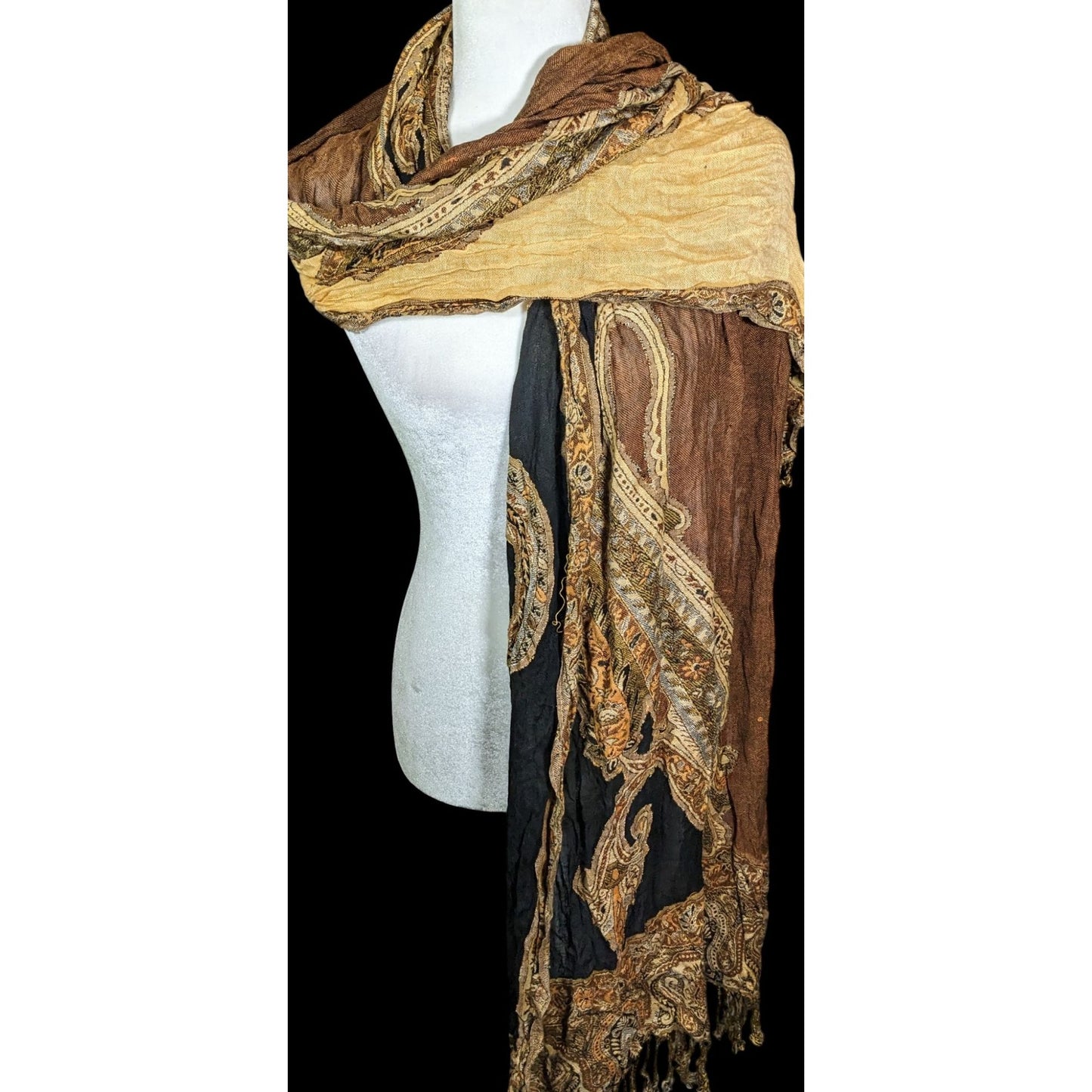 100% Tibet Hand Loomed Shawl Brown And Black Paisley
