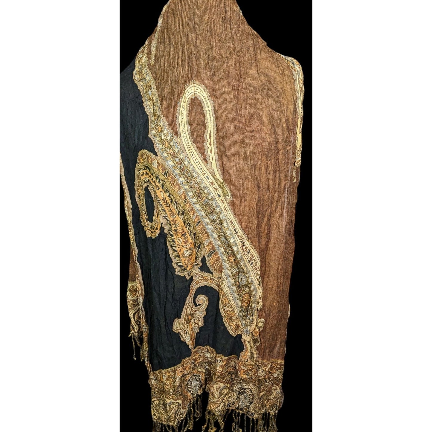 100% Tibet Hand Loomed Shawl Brown And Black Paisley