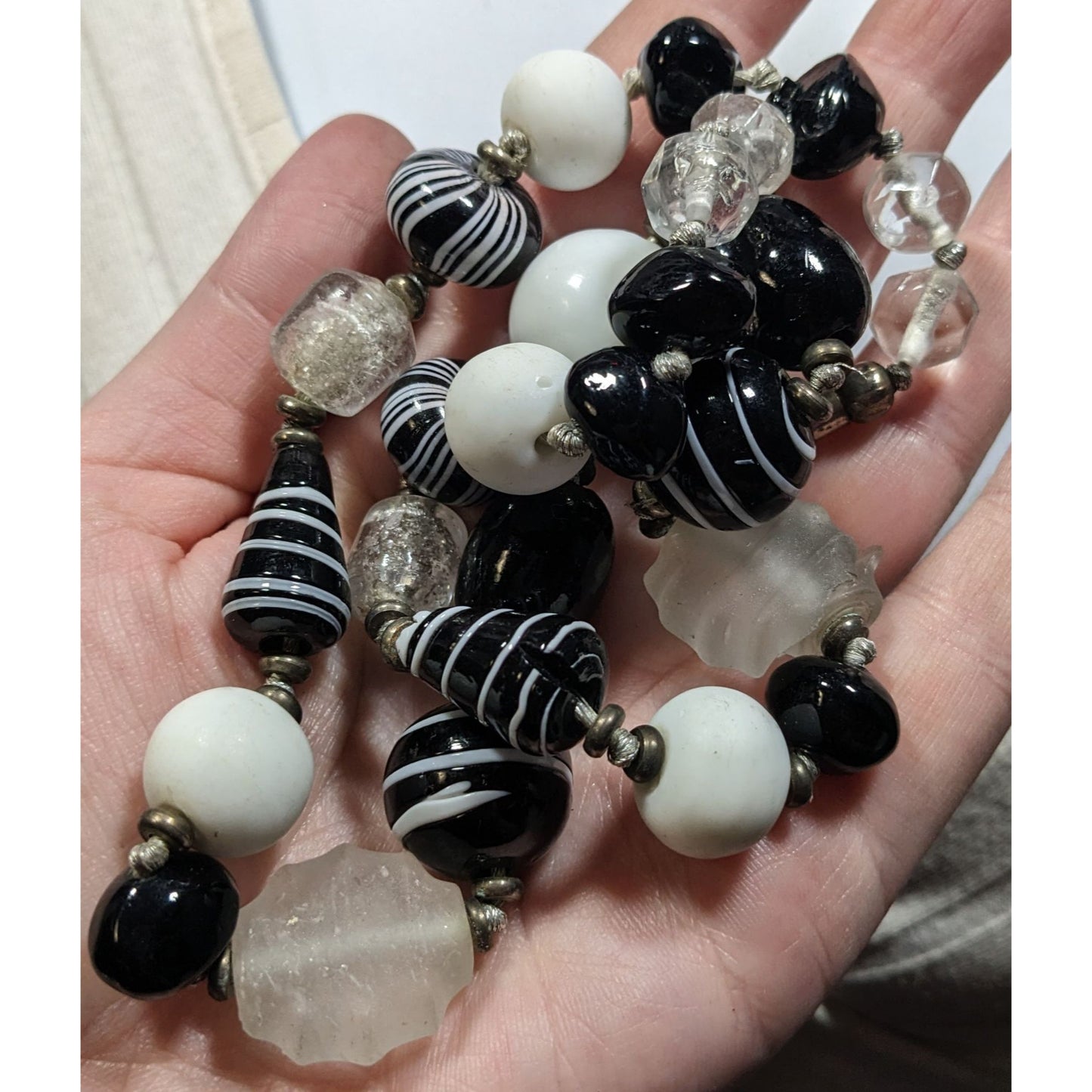 Handmade Chunky Black And White Glass Beaded Necklace