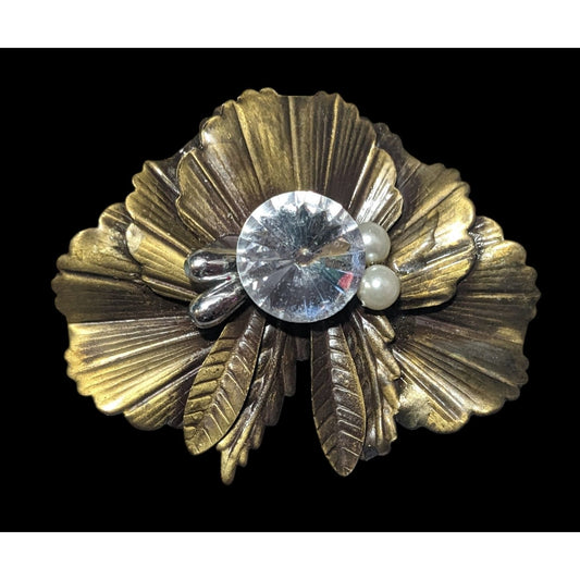 Vintage Gold Tone Floral Rhinestone Faux Pearl Brooch