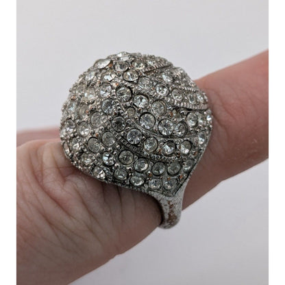 Glam Vintage Rhinestone Dome Cocktail Ring Silver Tone Statement Jewelry