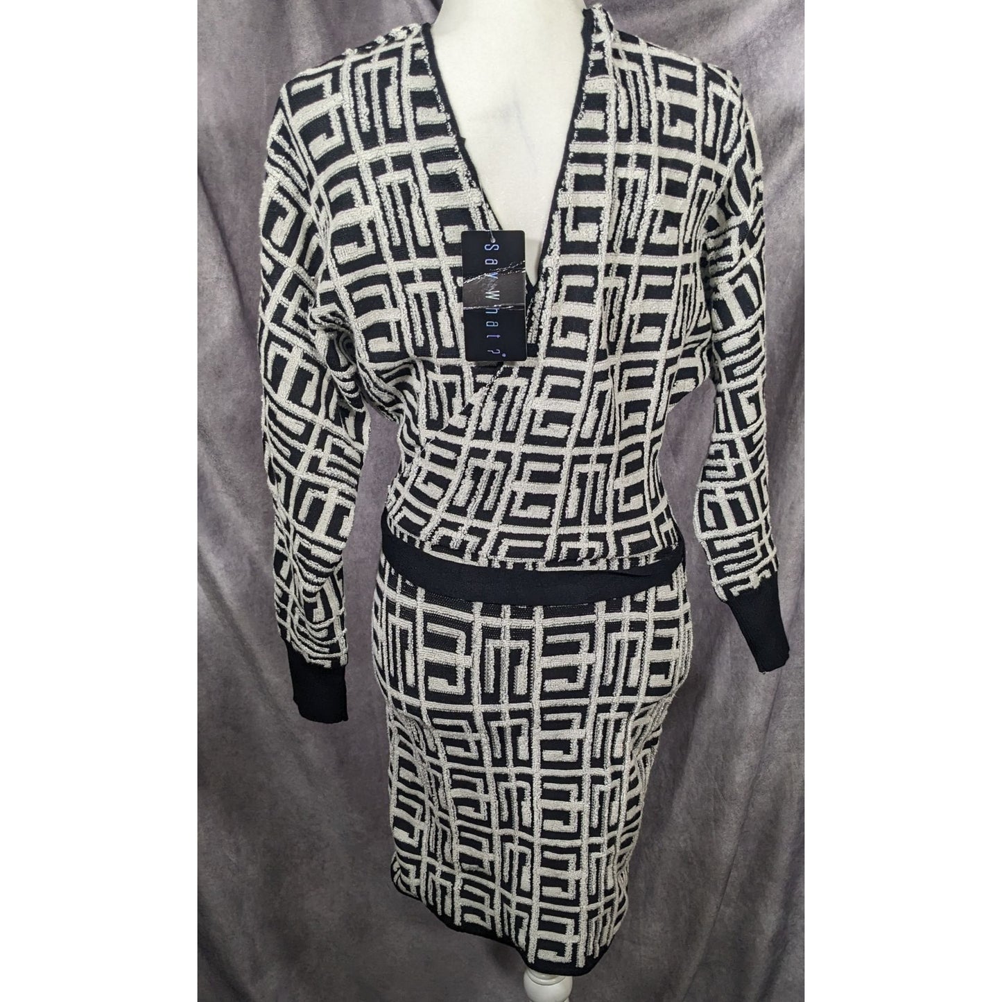 Say What Geometric Black And White V Neck Wrap Dress