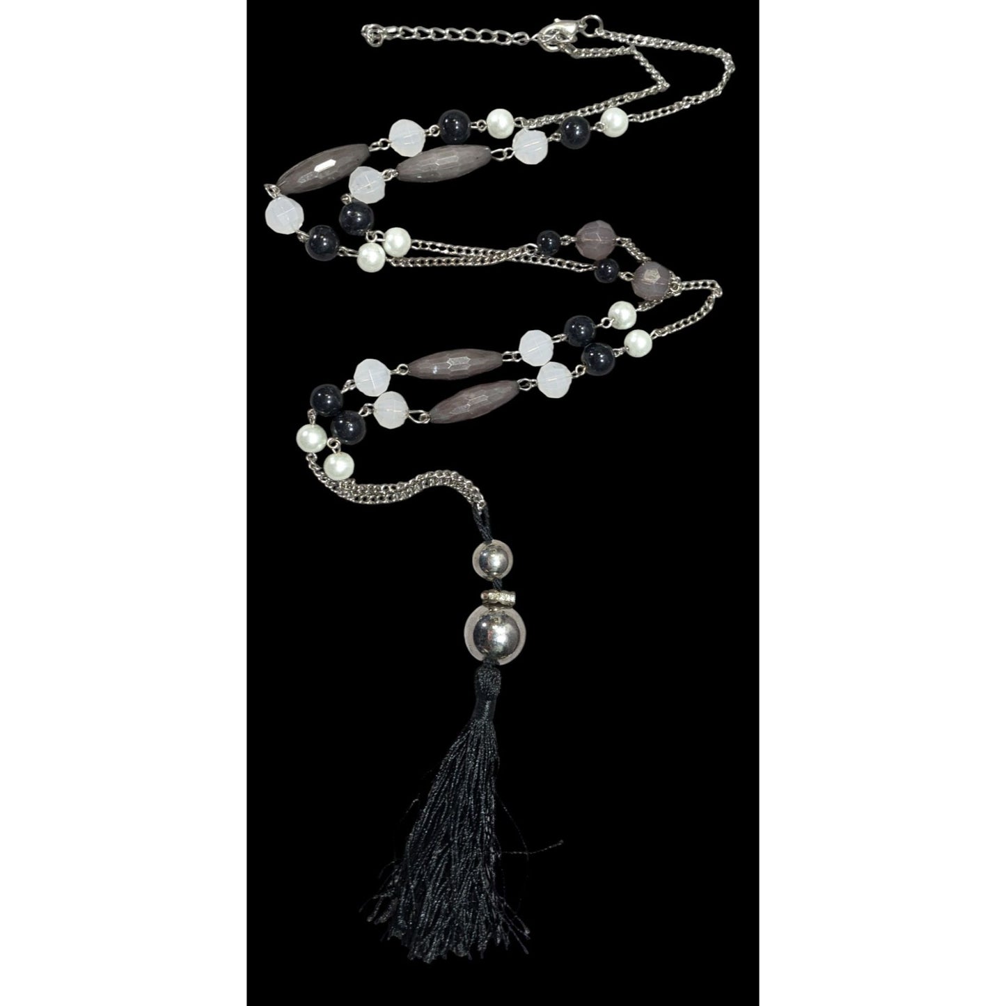 Black And Grey Beaded Tassel Necklace With Faux Pearl Accents