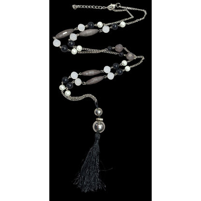 Black And Grey Beaded Tassel Necklace With Faux Pearl Accents