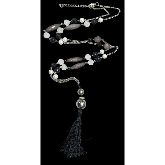Black And Grey Beaded Tassel Necklace With Faux Pearl Accents