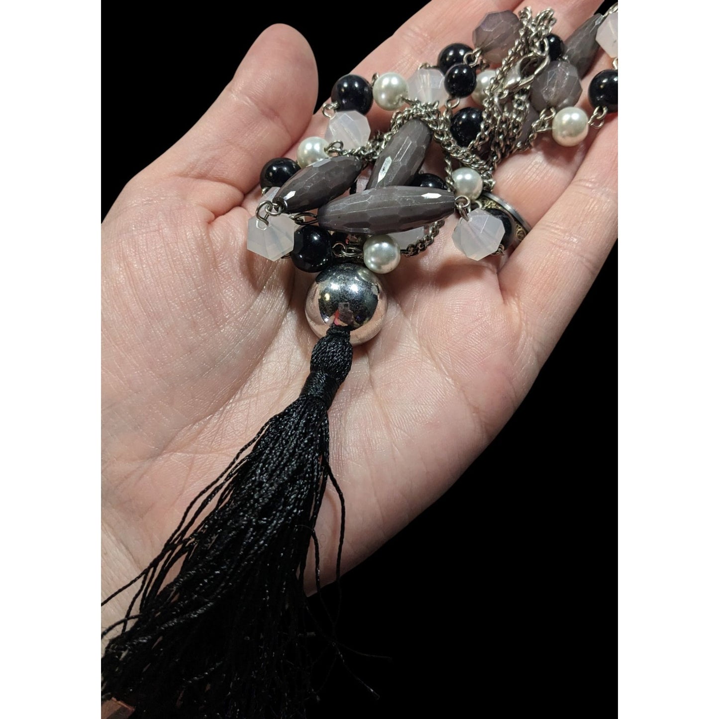 Black And Grey Beaded Tassel Necklace With Faux Pearl Accents