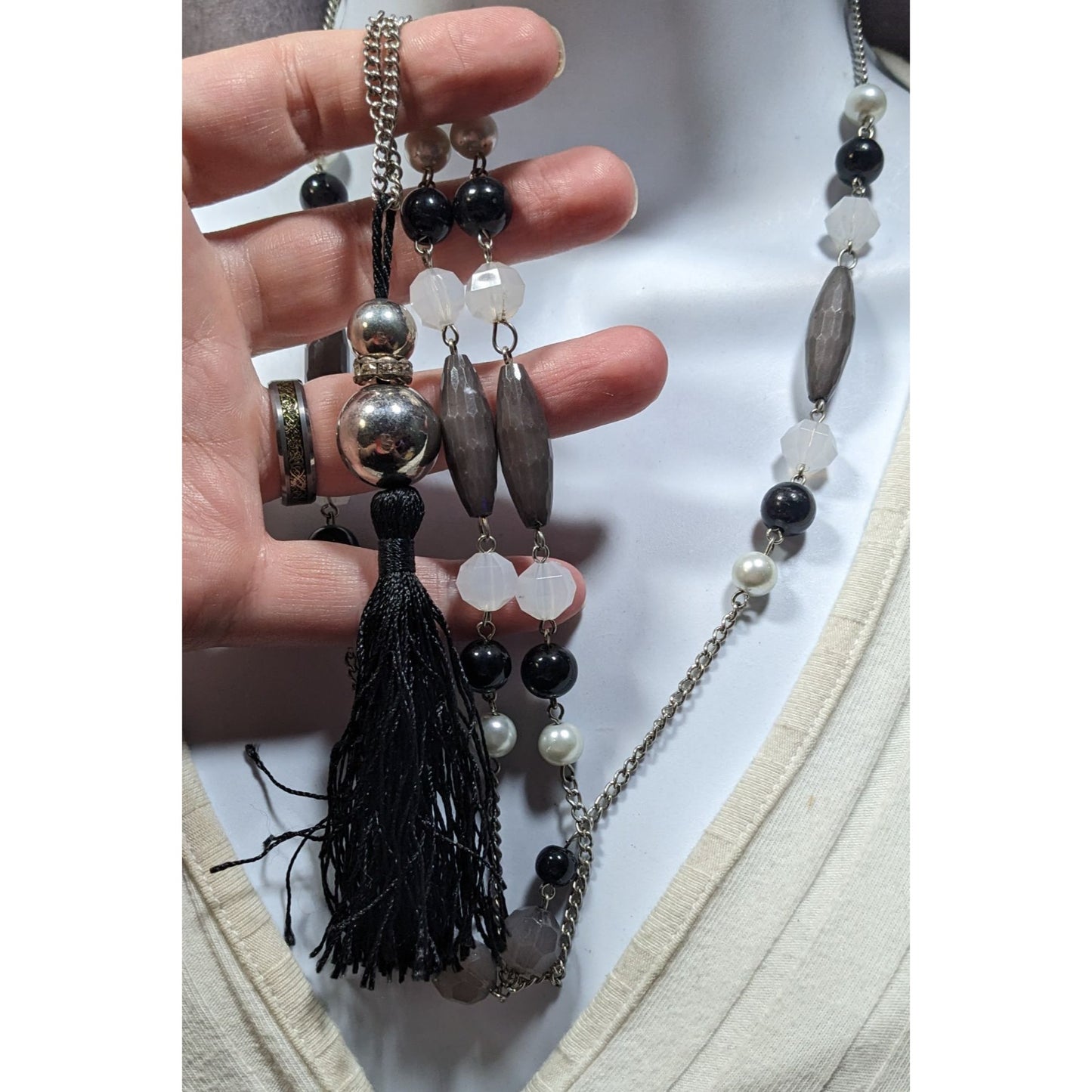 Black And Grey Beaded Tassel Necklace With Faux Pearl Accents