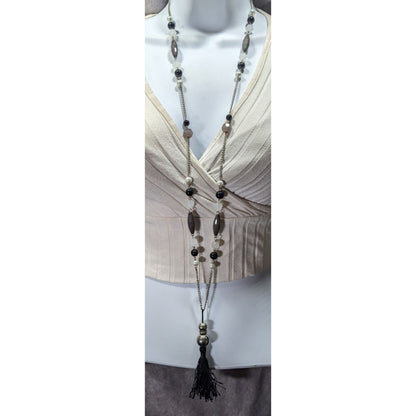Black And Grey Beaded Tassel Necklace With Faux Pearl Accents