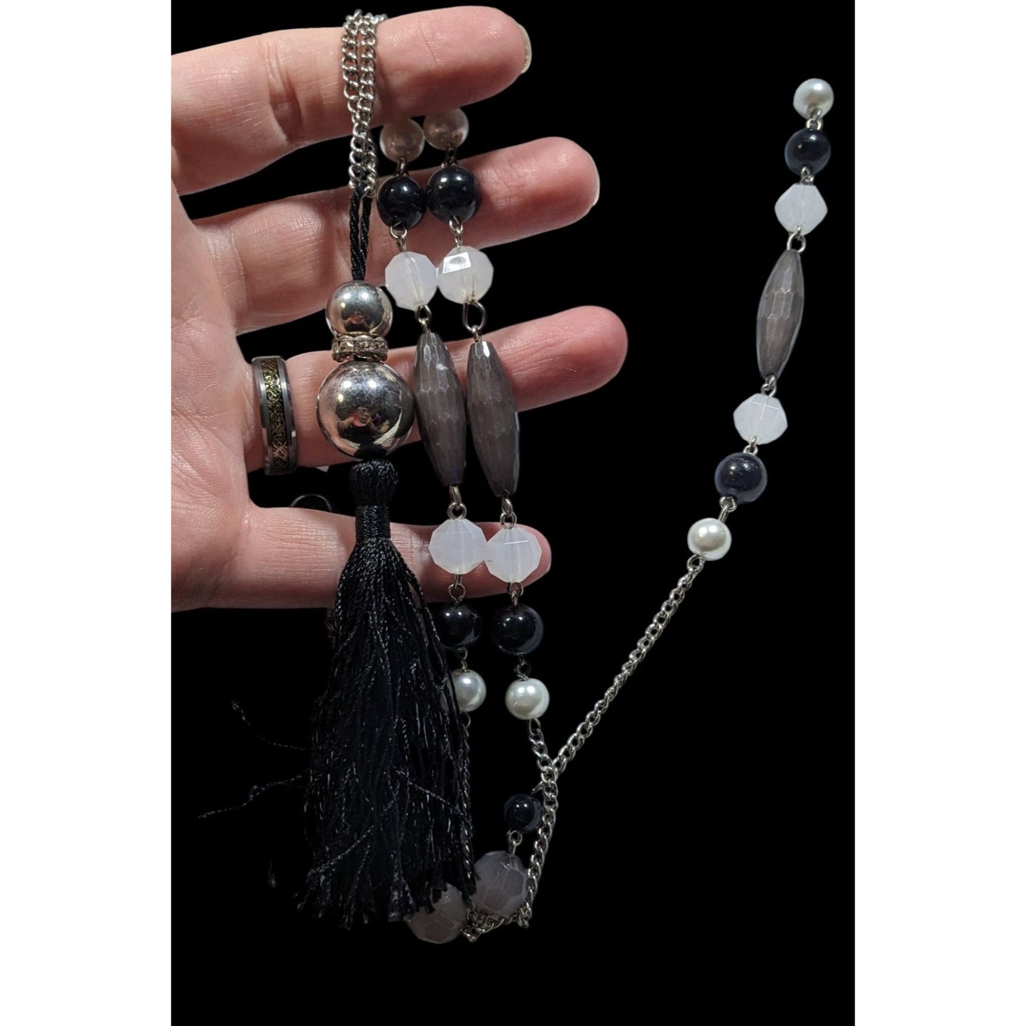 Black And Grey Beaded Tassel Necklace With Faux Pearl Accents
