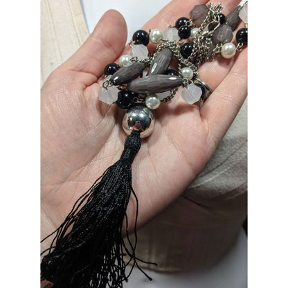 Black And Grey Beaded Tassel Necklace With Faux Pearl Accents