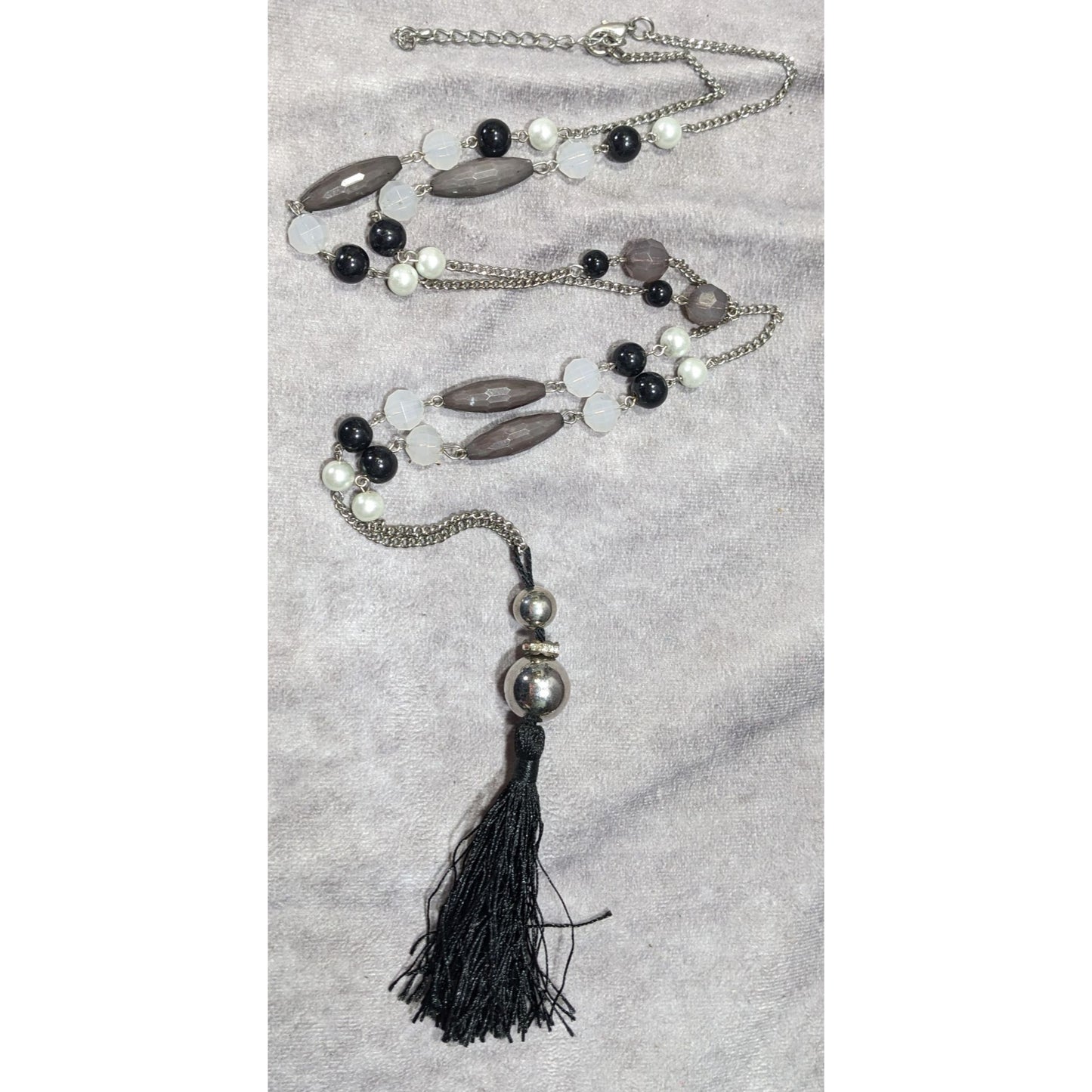 Black And Grey Beaded Tassel Necklace With Faux Pearl Accents