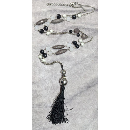 Black And Grey Beaded Tassel Necklace With Faux Pearl Accents