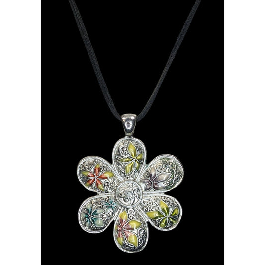 Vintage Boho Hippie Floral Silver Tone Multicolor Necklace 16 Inch
