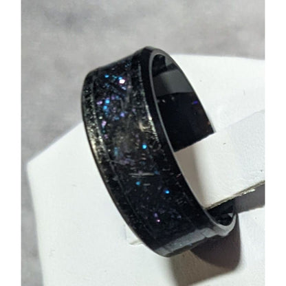 Gothic Black Stainless Steel Blue And Purple Glitter Inlay Ring Size 8 1/4