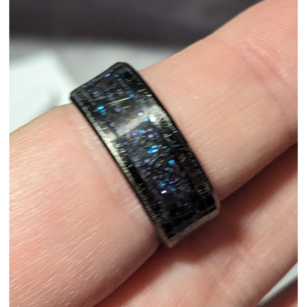 Gothic Black Stainless Steel Blue And Purple Glitter Inlay Ring Size 8 1/4