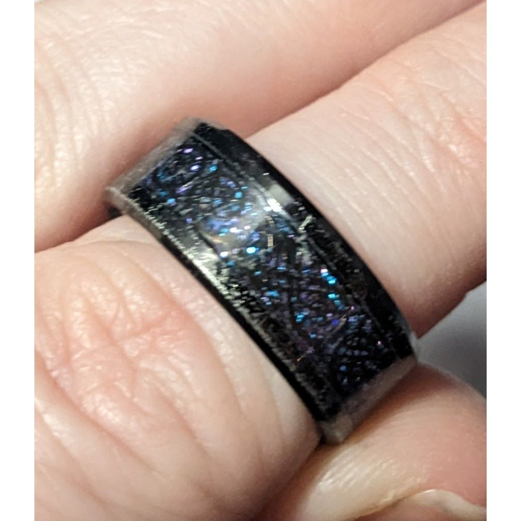 Gothic Black Stainless Steel Blue And Purple Glitter Inlay Ring Size 8 1/4