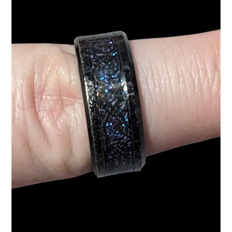 Gothic Black Stainless Steel Blue And Purple Glitter Inlay Ring Size 8 1/4