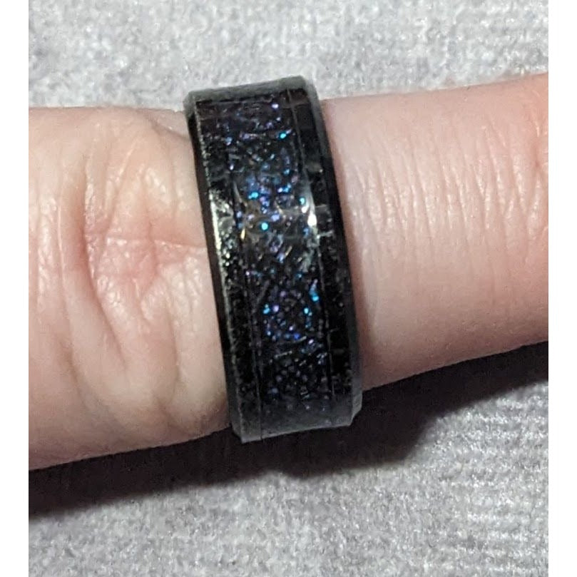 Gothic Black Stainless Steel Blue And Purple Glitter Inlay Ring Size 8 1/4