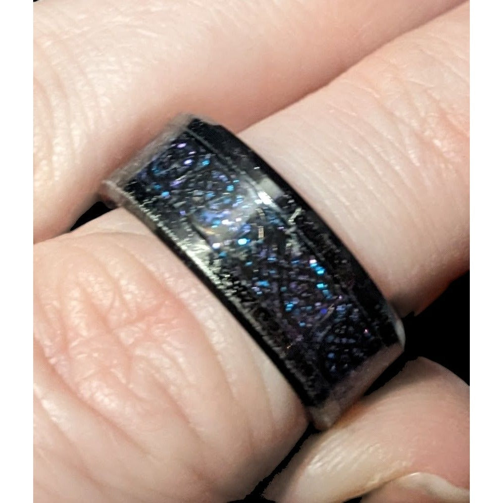 Gothic Black Stainless Steel Blue And Purple Glitter Inlay Ring Size 8 1/4