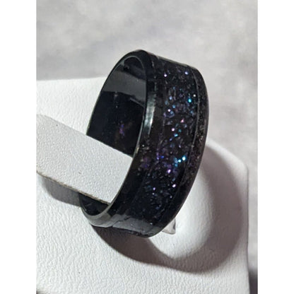 Gothic Black Stainless Steel Blue And Purple Glitter Inlay Ring Size 8 1/4