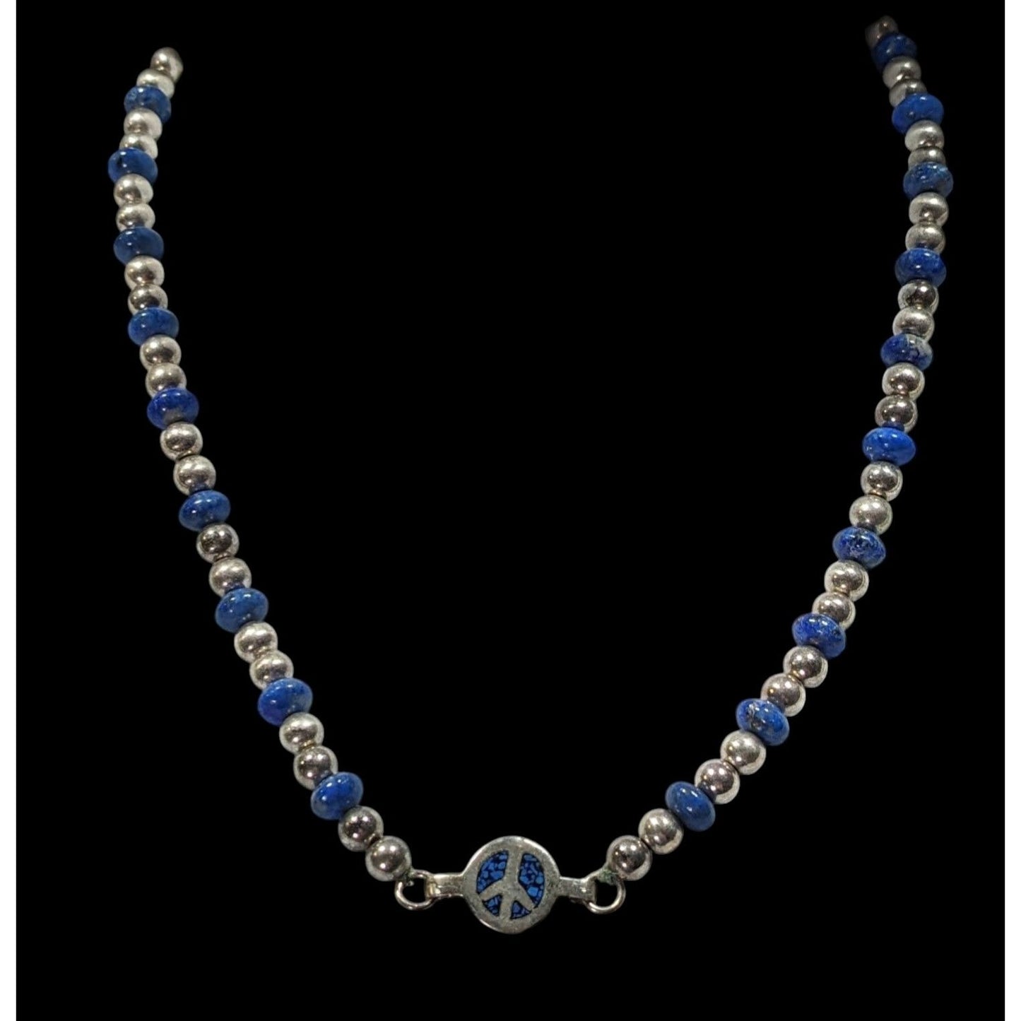 Vintage Hippie Peace Sign Lapis And Silver Tone Beaded Necklace