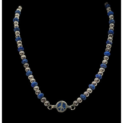 Vintage Hippie Peace Sign Lapis And Silver Tone Beaded Necklace