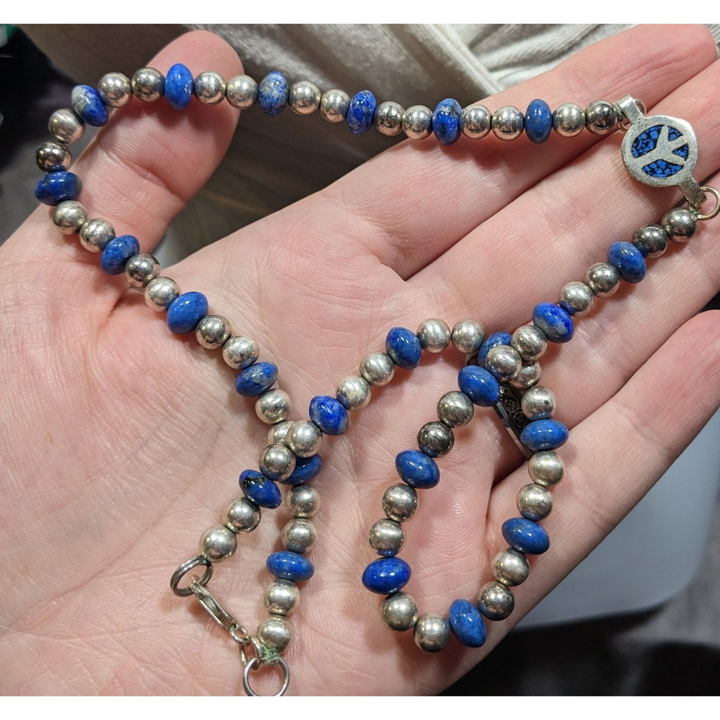 Vintage Hippie Peace Sign Lapis And Silver Tone Beaded Necklace