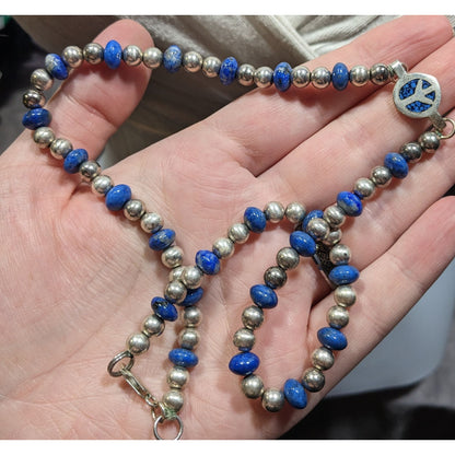 Vintage Hippie Peace Sign Lapis And Silver Tone Beaded Necklace
