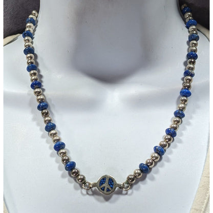 Vintage Hippie Peace Sign Lapis And Silver Tone Beaded Necklace