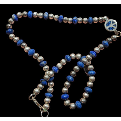 Vintage Hippie Peace Sign Lapis And Silver Tone Beaded Necklace