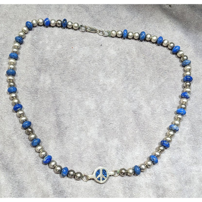 Vintage Hippie Peace Sign Lapis And Silver Tone Beaded Necklace