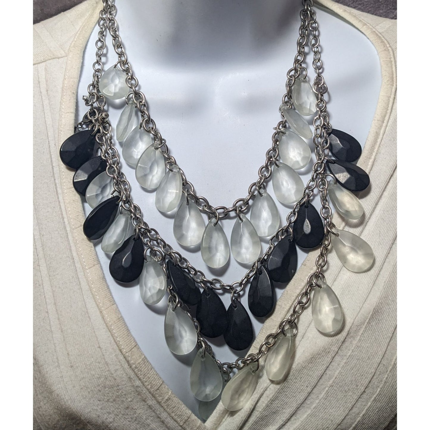 Charming Charlie Chunky Multilayer Black And Clear Teardrop Gemmed Necklace